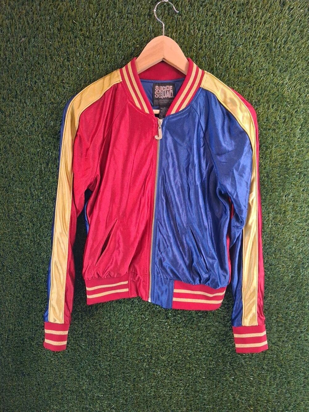 Suicide Squad Jacket Womens Small Red Blue Harley Quinn Joker Satin Bomber Coat